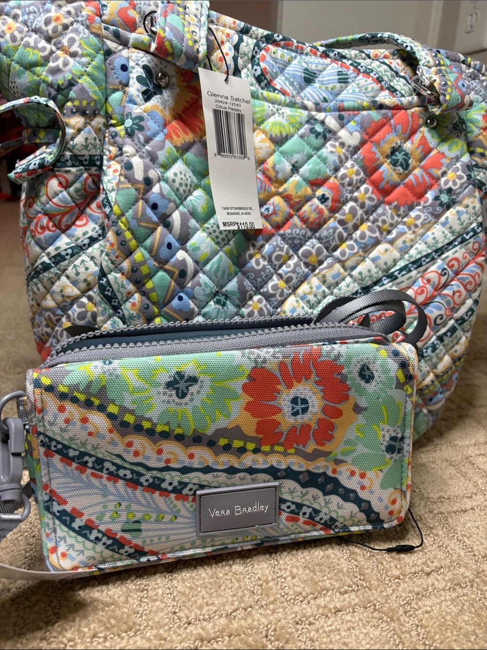 Vera Bradley Glenna satchel in citrus paisley with matching convertible wallet